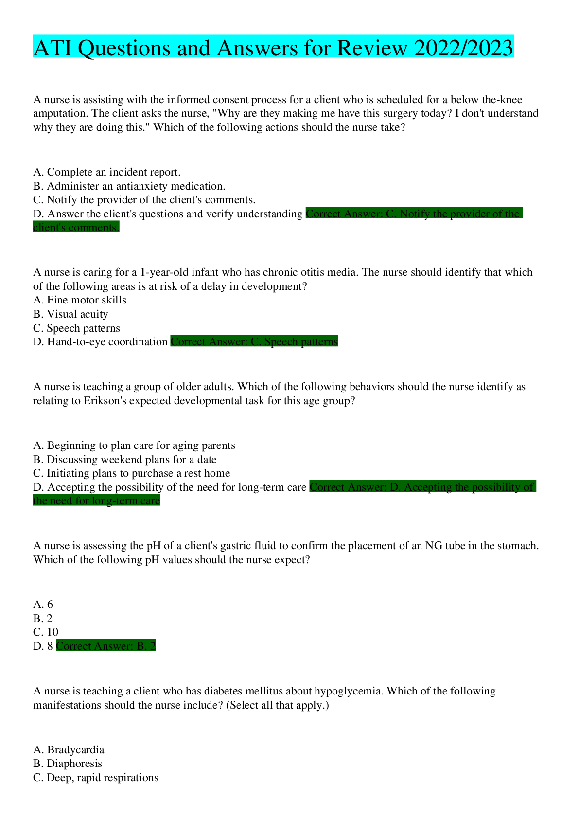 Preview image for ATI Questions and Answers for Review 2021/2022